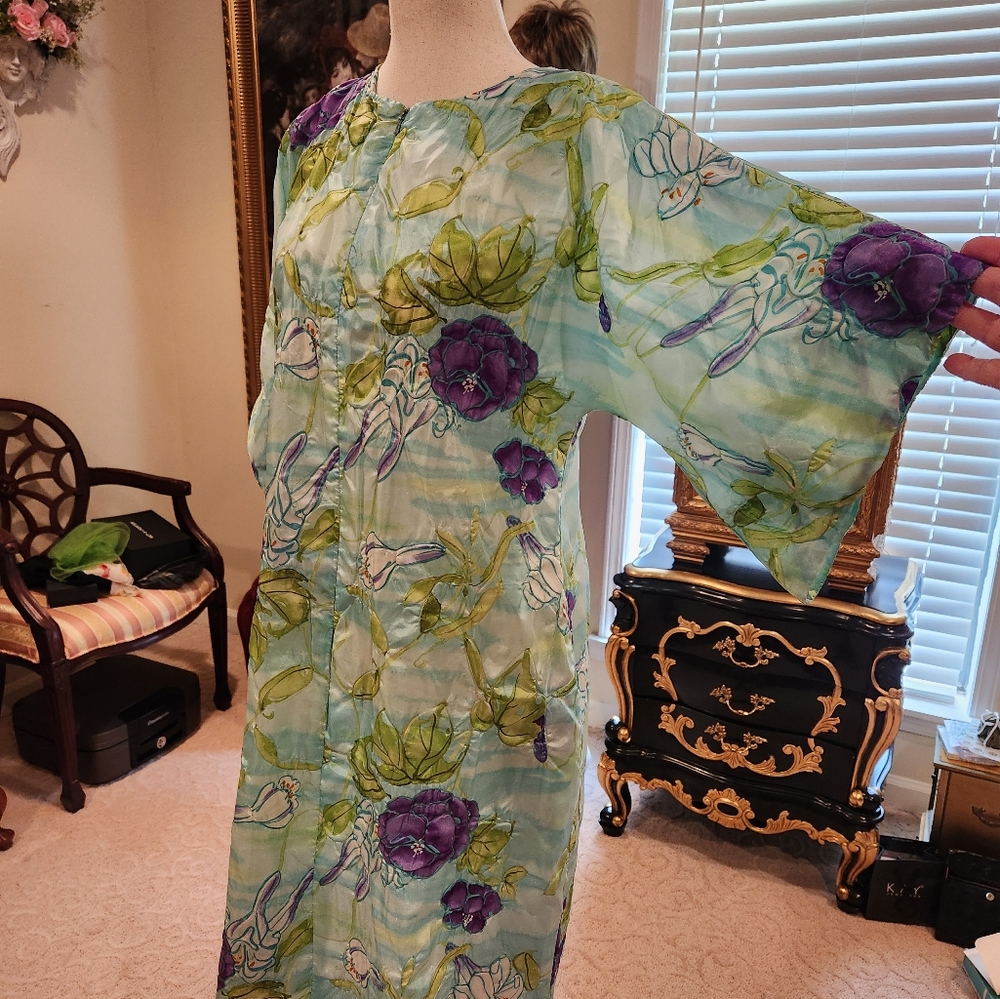 THE ROBEREE Made in Hong Kong Kimono Vintage Robe Size Small Blue Purple Green